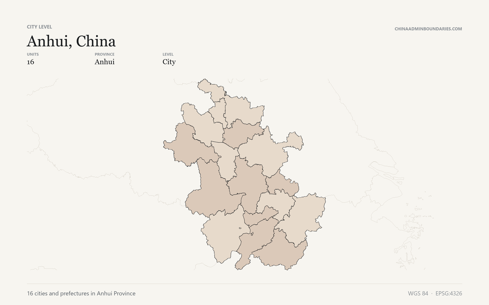 Anhui, China City & Prefecture Boundaries map preview