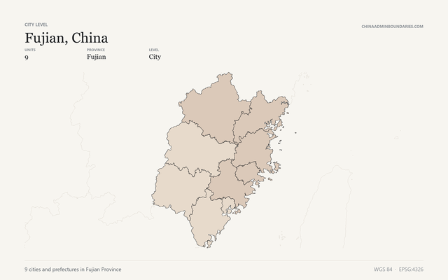Fujian, China City & Prefecture Boundaries