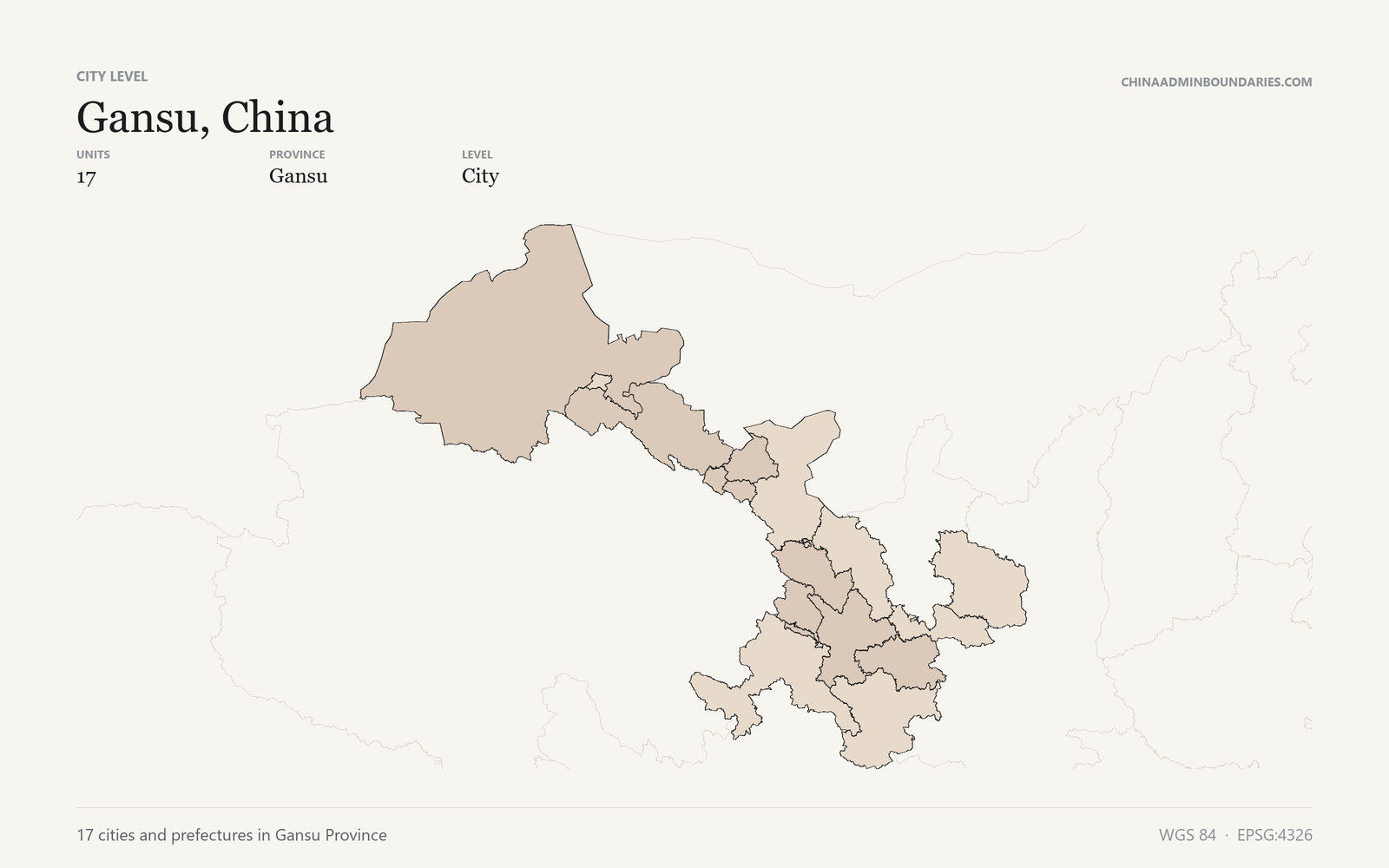 Gansu, China City & Prefecture Boundaries map preview