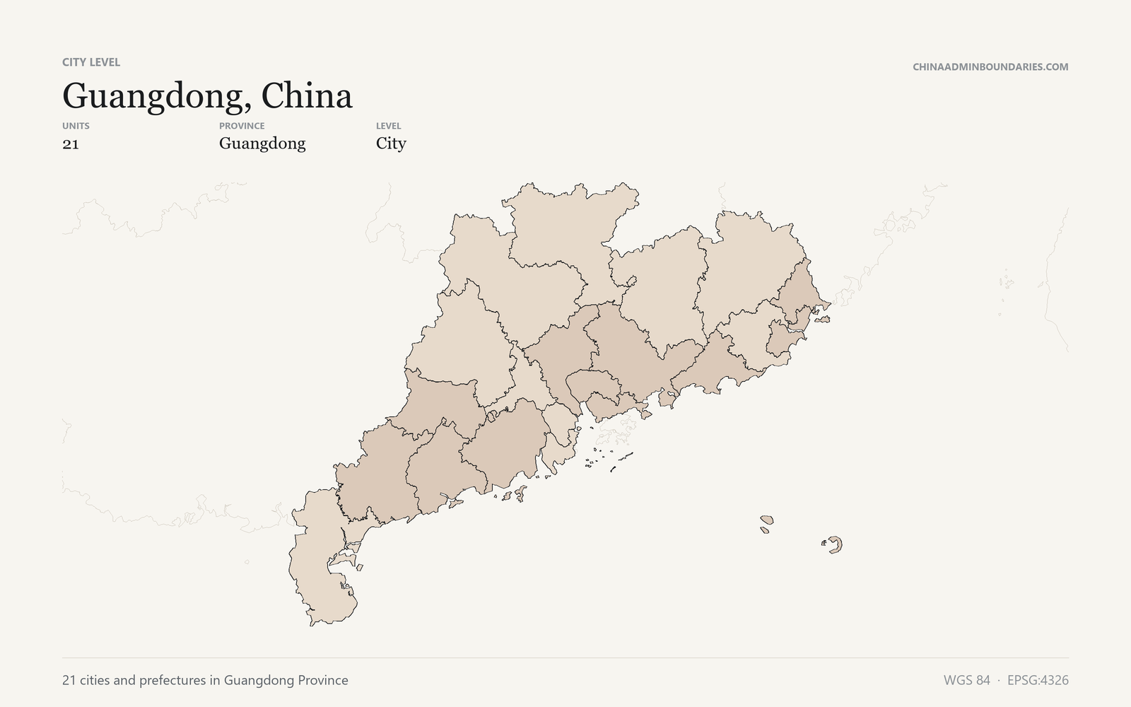 Guangdong, China City & Prefecture Boundaries map preview