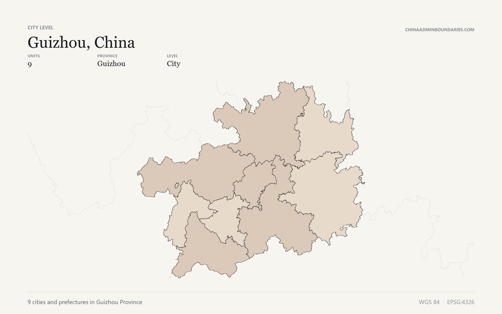 Guizhou, China City & Prefecture Boundaries map preview