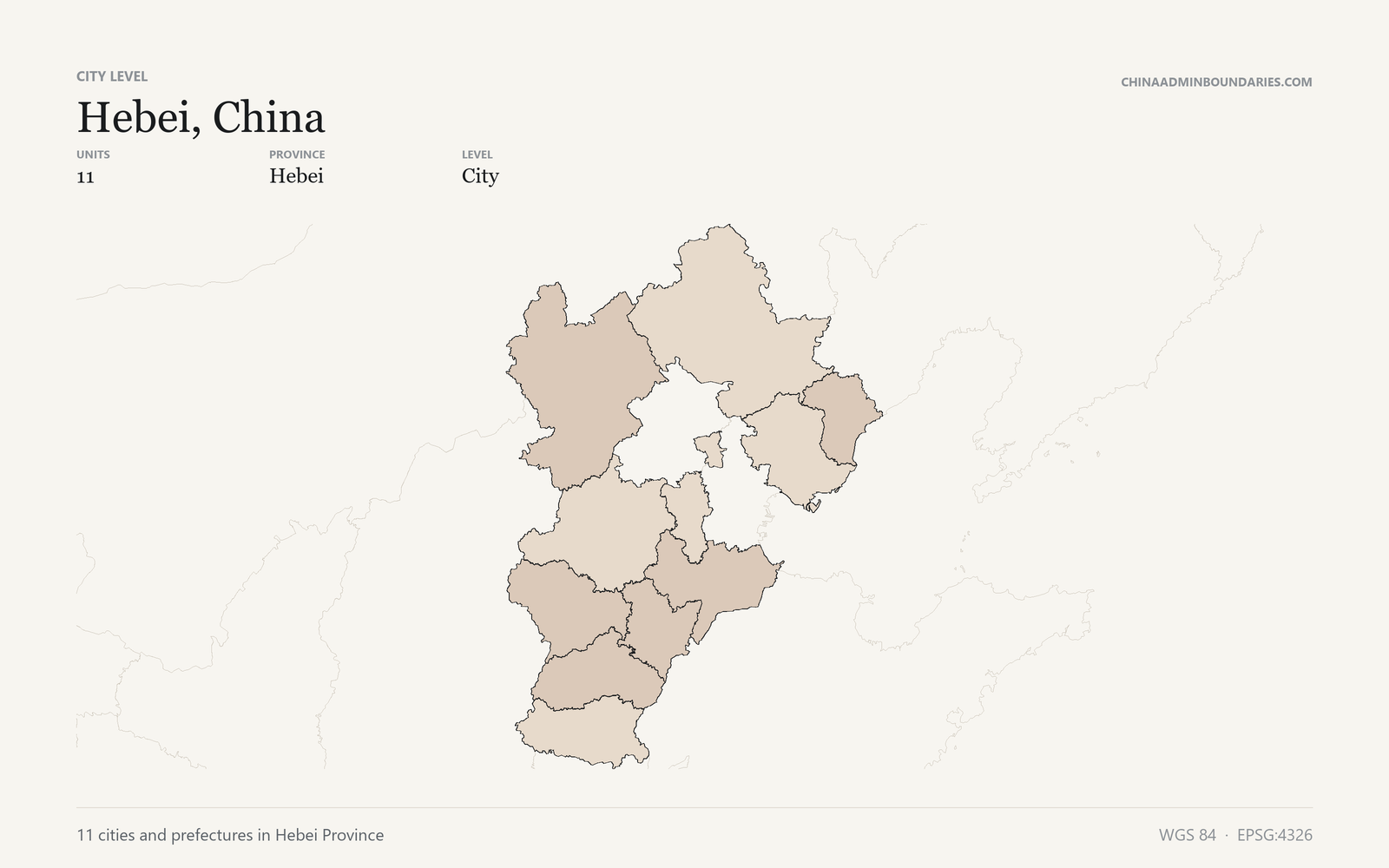 Hebei, China City & Prefecture Boundaries map preview
