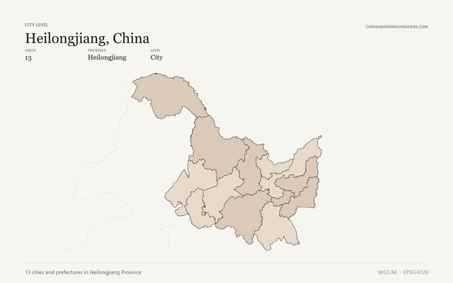 Heilongjiang, China City & Prefecture Boundaries