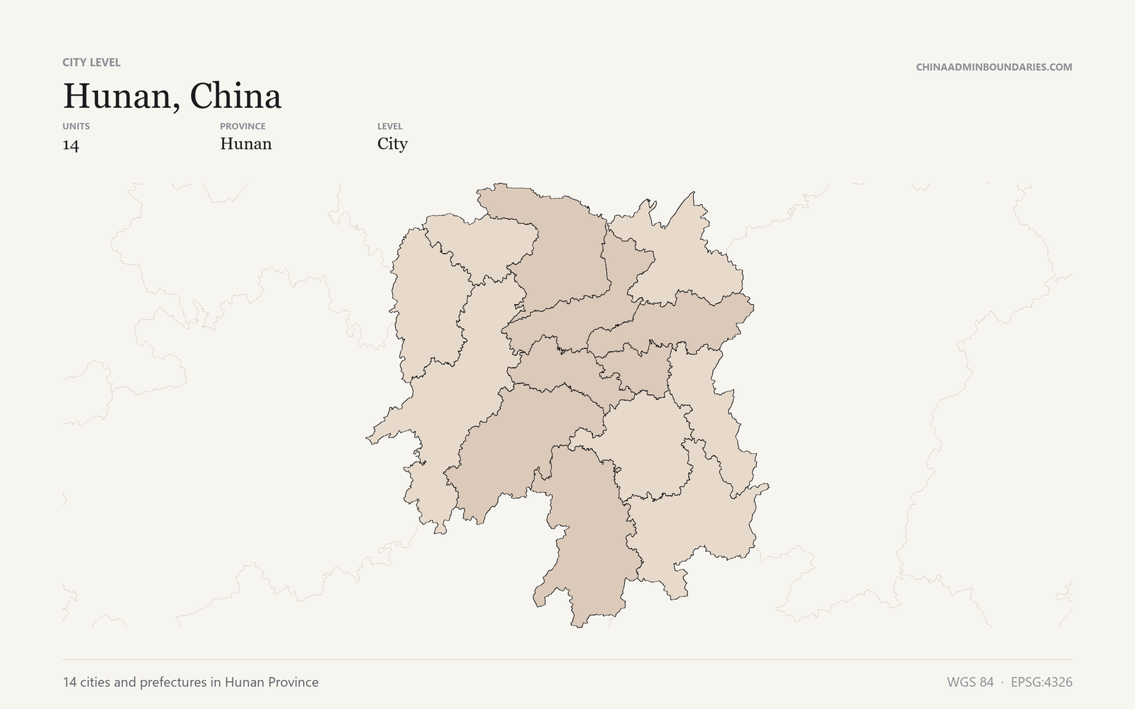 Hunan, China City & Prefecture Boundaries map preview
