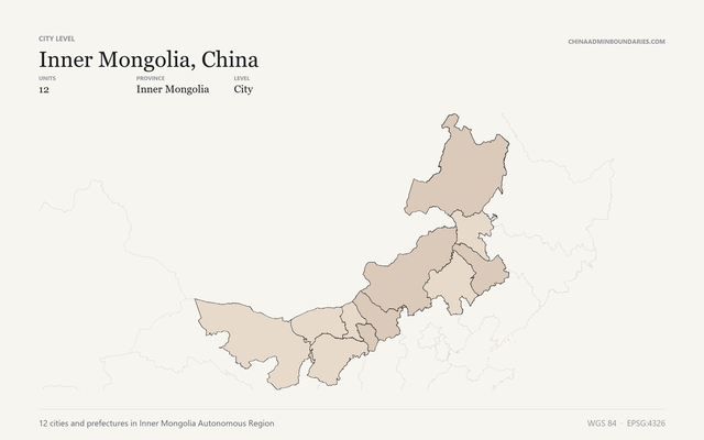 Inner Mongolia, China City & Prefecture Boundaries