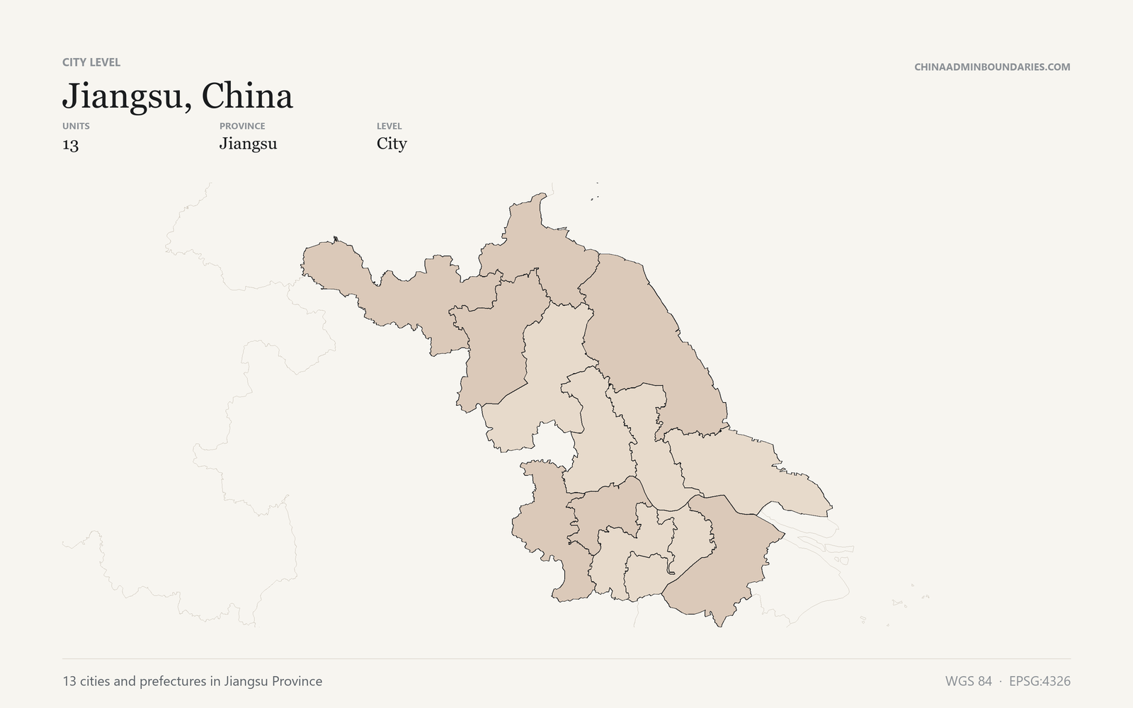 Jiangsu, China City & Prefecture Boundaries map preview