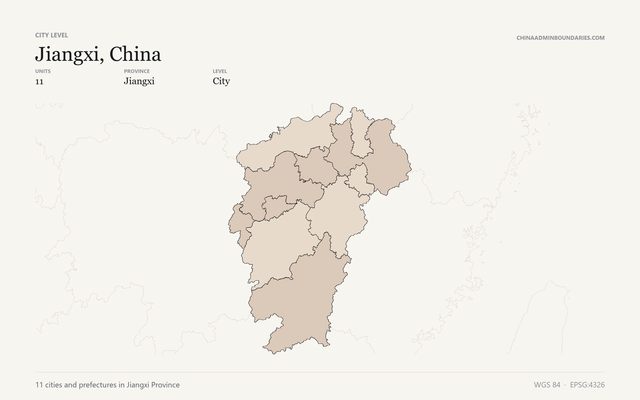 Jiangxi, China City & Prefecture Boundaries