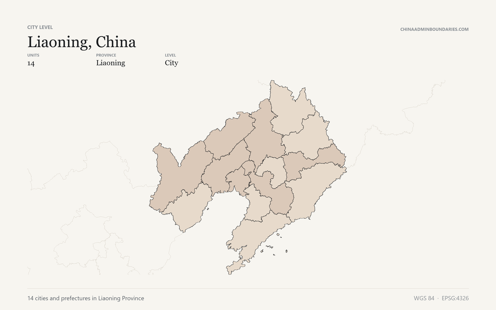 Liaoning, China City & Prefecture Boundaries map preview