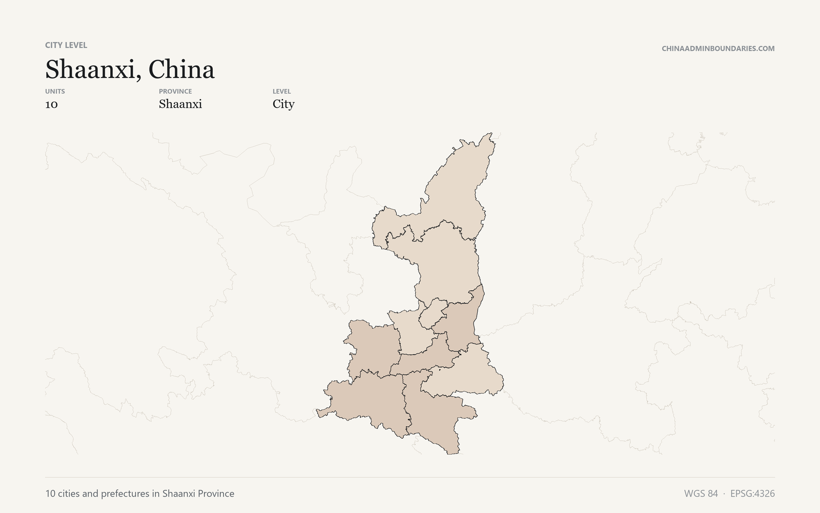 Shaanxi, China City & Prefecture Boundaries map preview