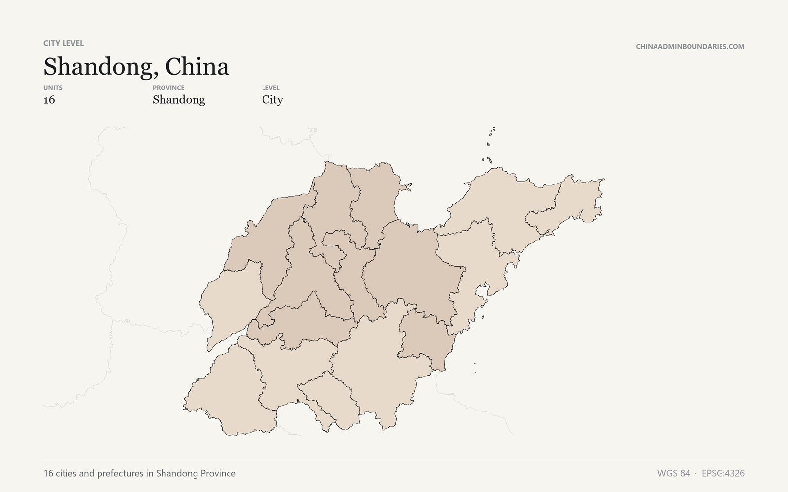 Shandong, China City & Prefecture Boundaries map preview