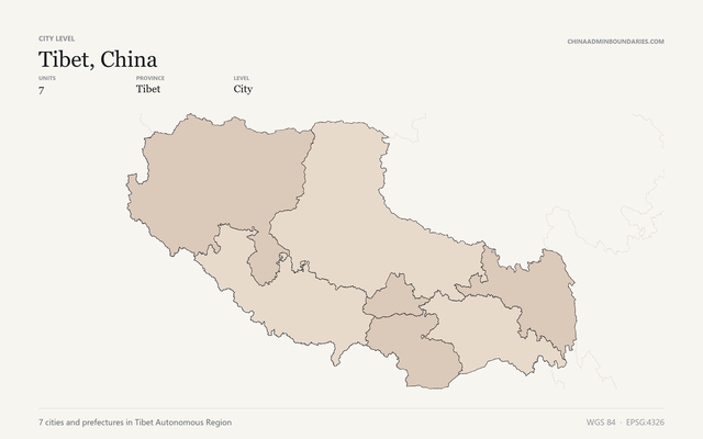 Tibet, China City & Prefecture Boundaries