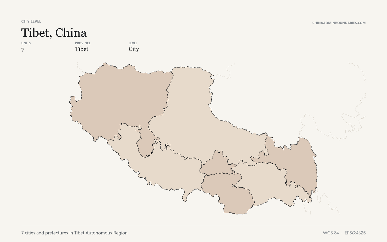 Tibet, China City & Prefecture Boundaries map preview