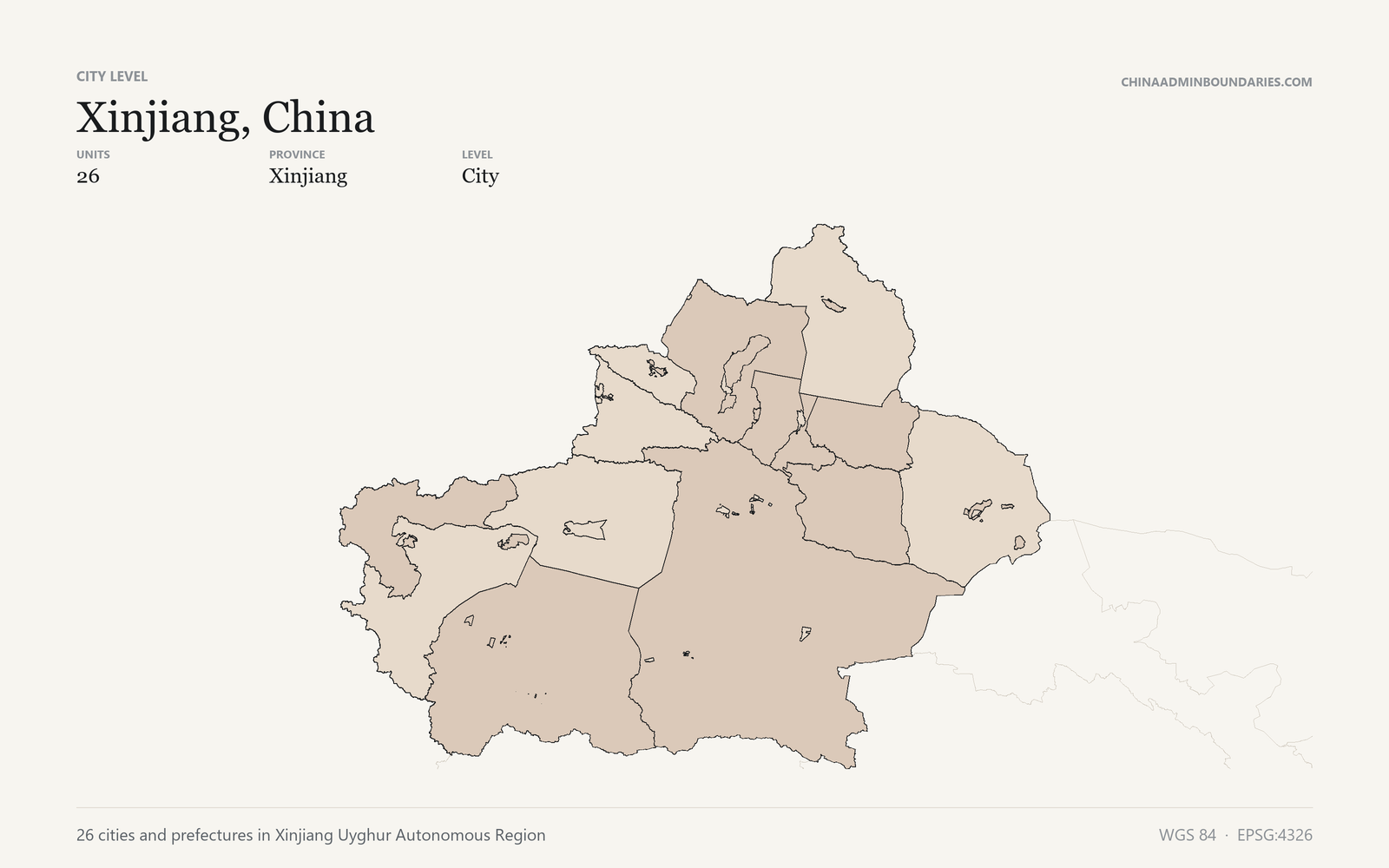 Xinjiang, China City & Prefecture Boundaries map preview