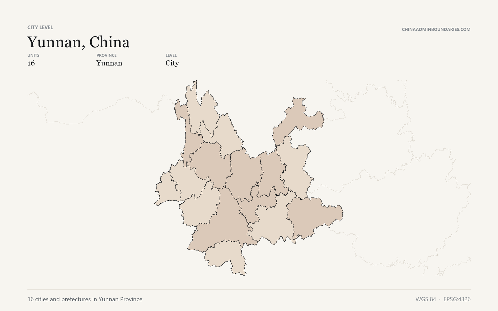 Yunnan, China City & Prefecture Boundaries map preview