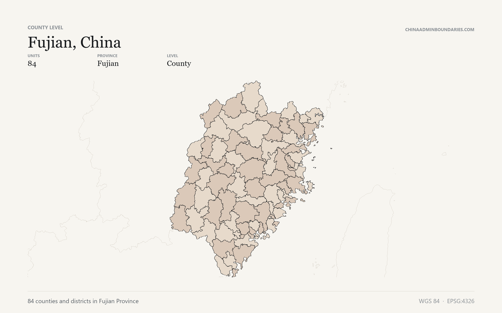 Fujian, China County & District Boundaries map preview