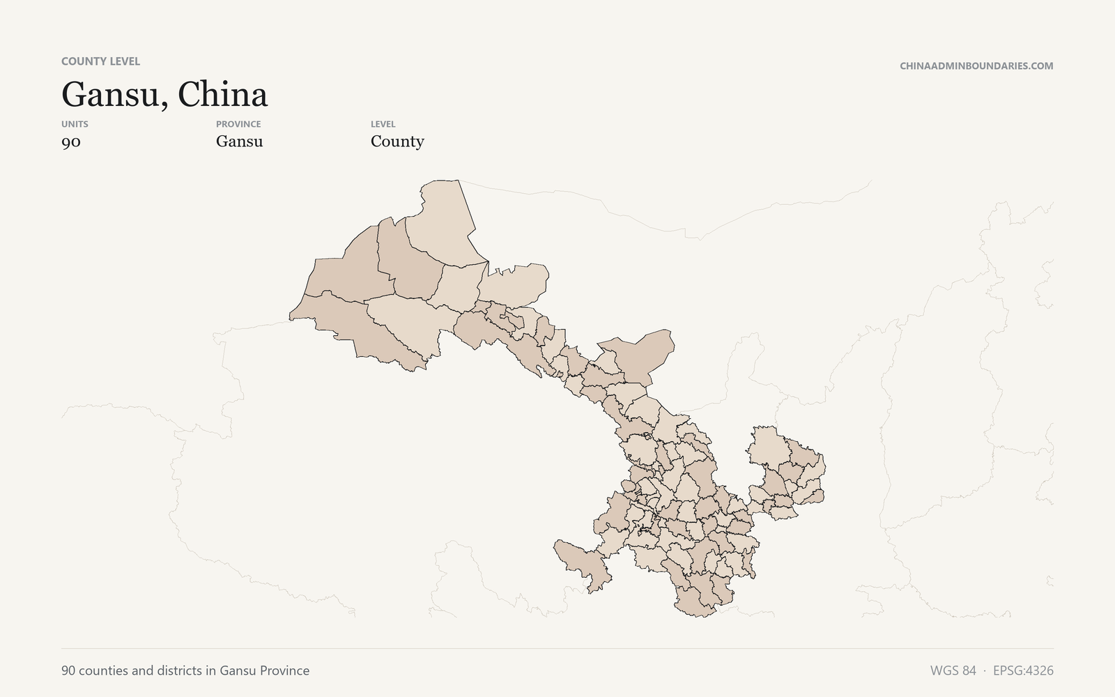Gansu, China County & District Boundaries map preview