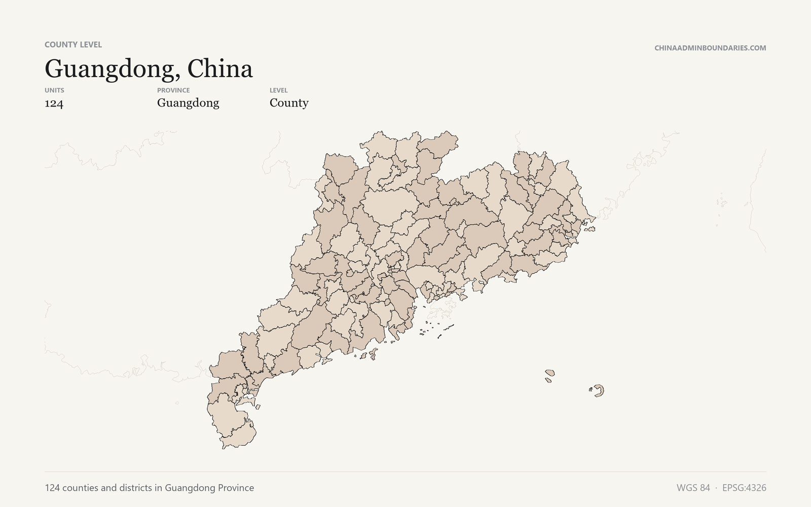 Guangdong, China County & District Boundaries map preview