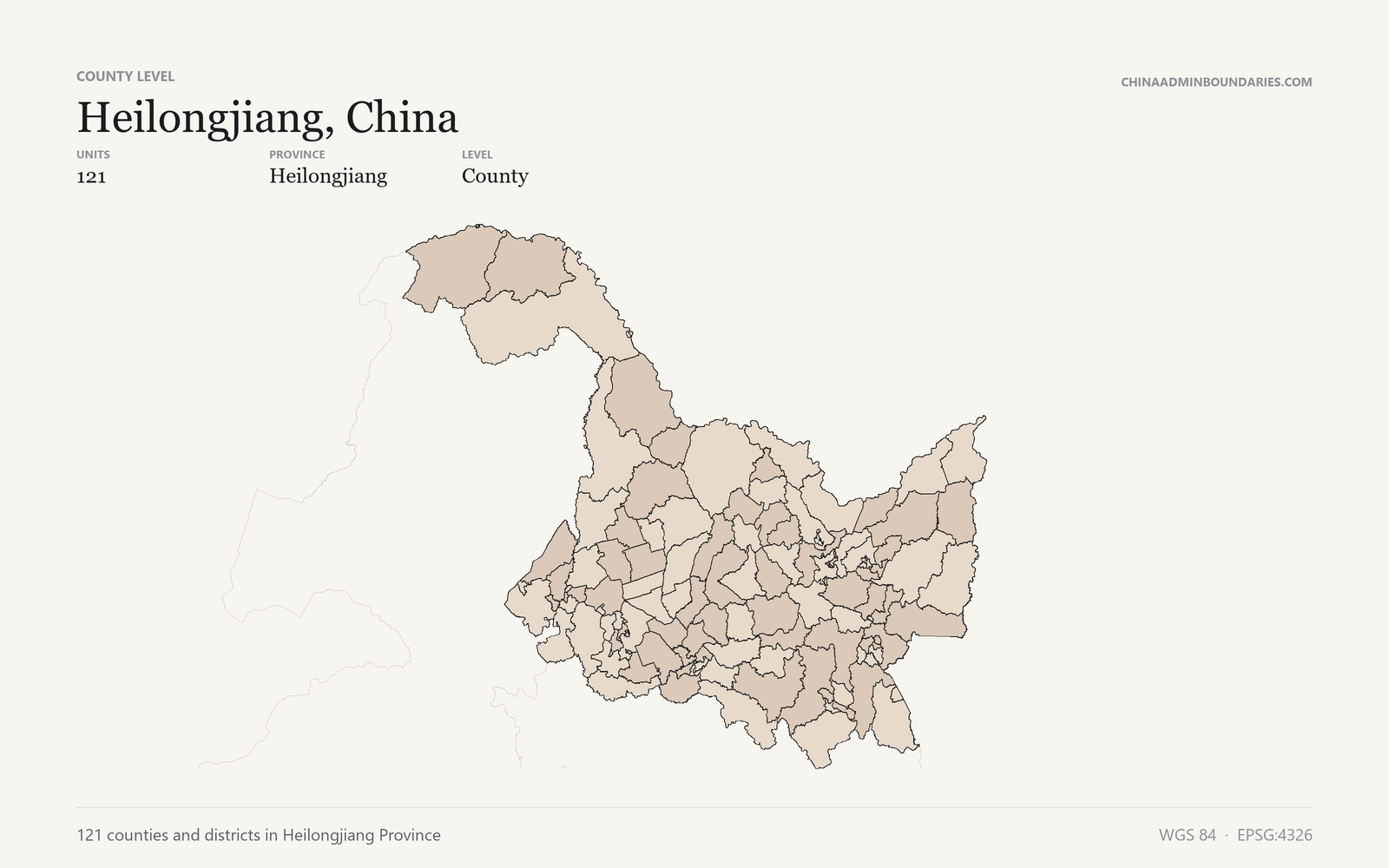 Heilongjiang, China County & District Boundaries map preview