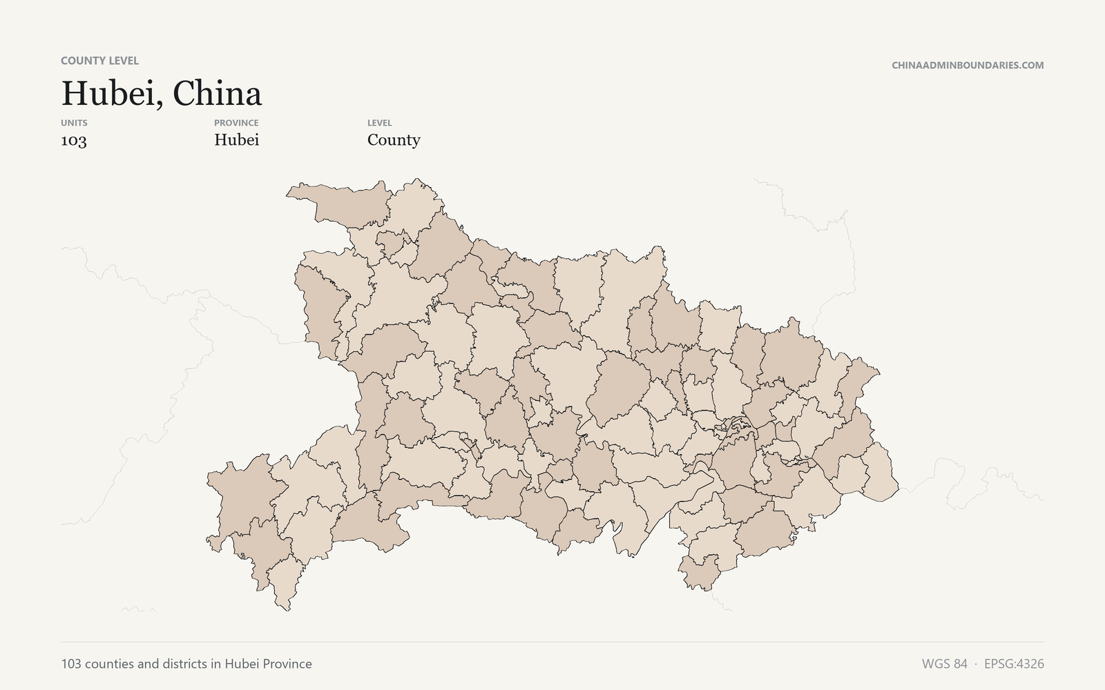Hubei, China County & District Boundaries map preview