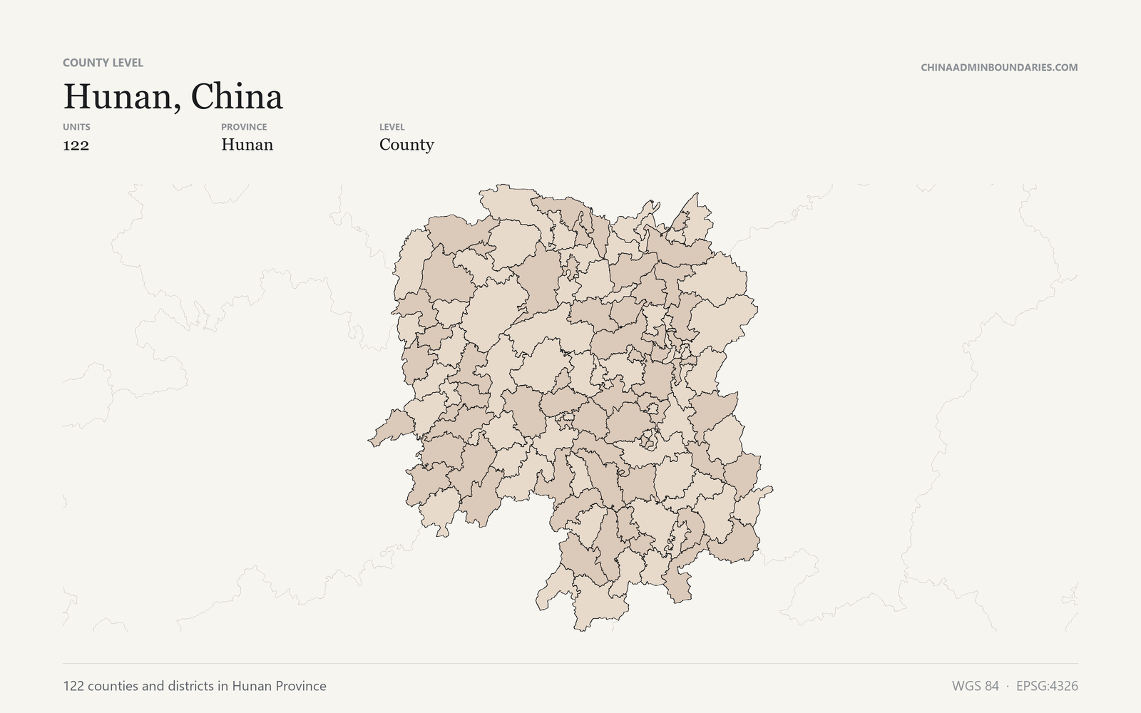 Hunan, China County & District Boundaries map preview