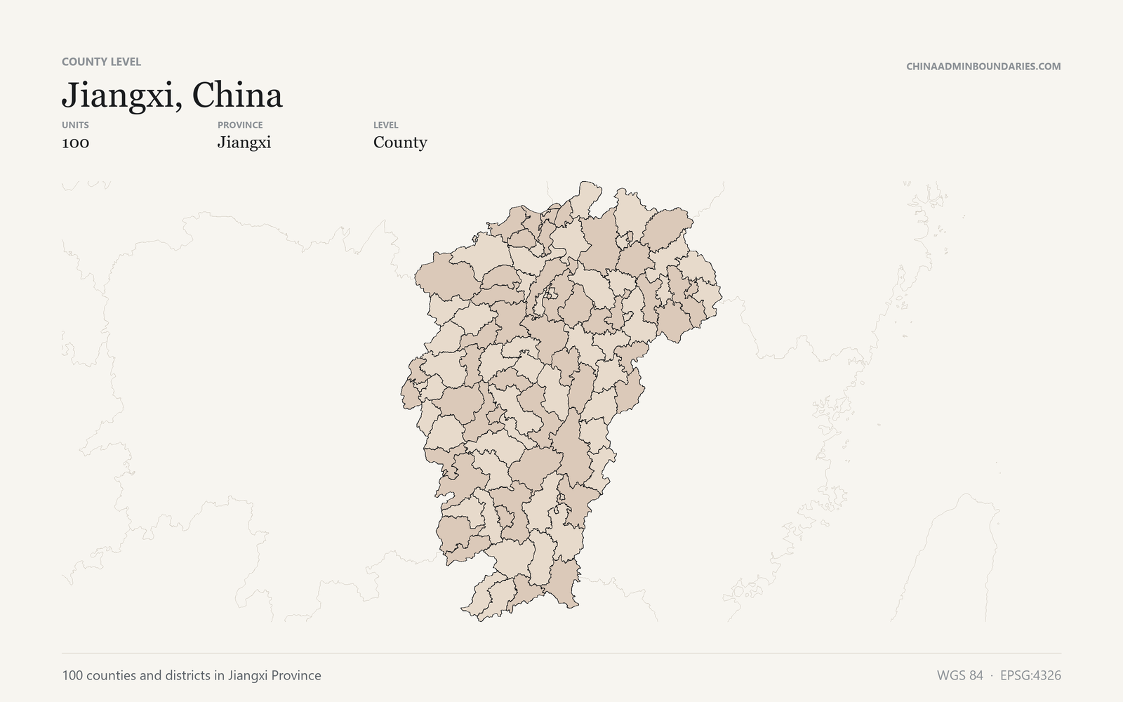 Jiangxi, China County & District Boundaries map preview