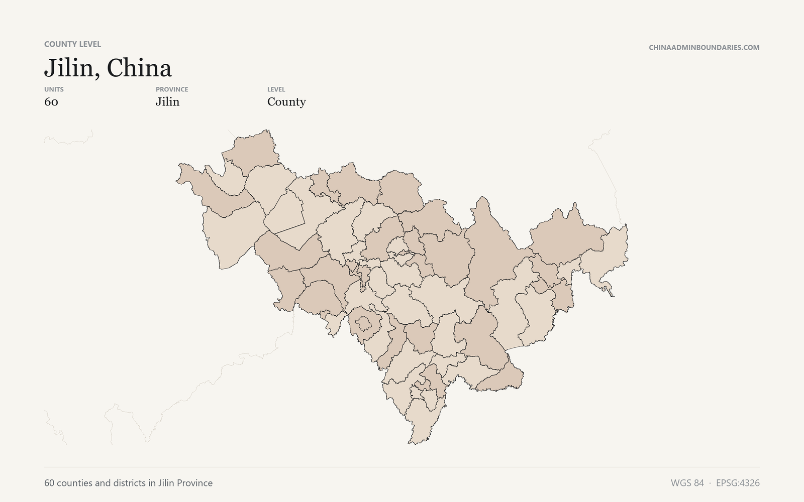 Jilin, China County & District Boundaries map preview
