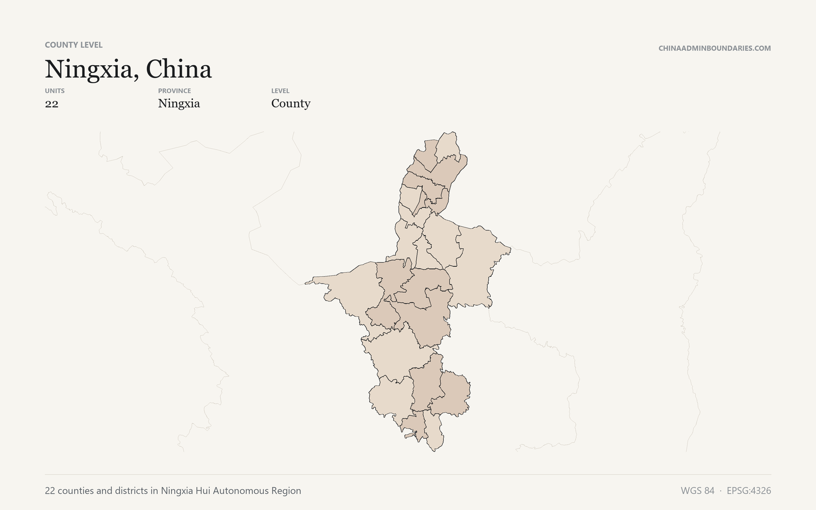 Ningxia, China County & District Boundaries map preview