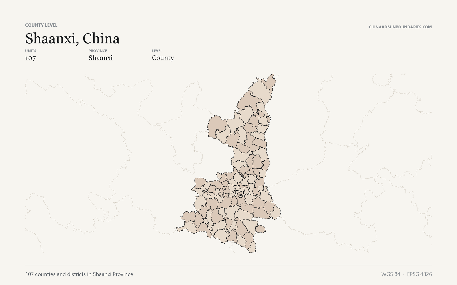 Shaanxi, China County & District Boundaries map preview
