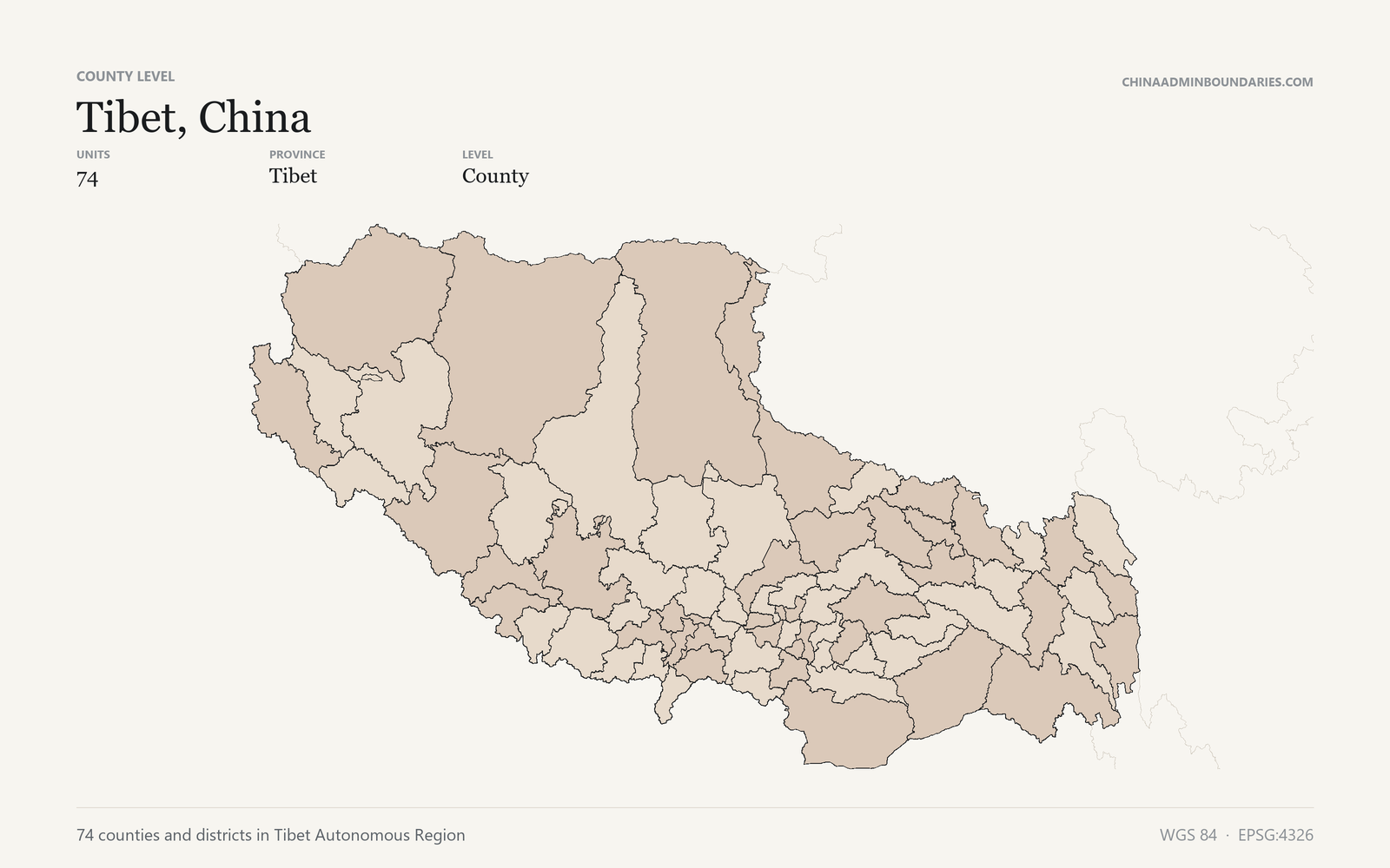 Tibet, China County & District Boundaries map preview